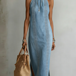 Retro Cozy Lace Print Denim Midi Dress
