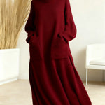 Women's Solid Color High-Neck Long-Sleeve Casual Loose Knit Dress