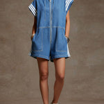Women's Stand-collar Short-sleeved Casual Loose Short Denim Wide-leg Jumpsuit