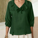 Women's Solid Color Ruffle V-neck 3/4 Sleeve Casual Loose Cotton And Linen Top