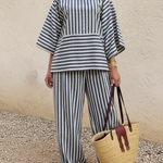 Casual Striped Linen Top And Wide-leg Pants Two-piece Set