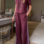 Women's Round Neck Short Sleeve Casual Loose Top High Waist Casual Loose Wide Leg Pants Cotton Linen Set