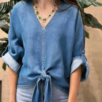 Women's V-neck Long-sleeved Tie-waist Loose-fitting Denim Top