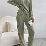 Women's Solid Color Casual Straight Leg Pants Loose V-neck Knit Set
