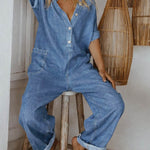 Women's Round Neck Short-sleeved Casual Loose Denim Wide-leg Jumpsuit