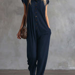Women's Solid Color Short-sleeved Casual Loose Hooded Cotton And Linen Wide-leg Jumpsuit