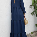 Women's Solid Color Round Neck Long Sleeve Casual Loose Cotton Linen Dress