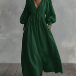 Waist-elastic Linen And Cotton Lantern-sleeved Dress