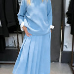 Women's Solid Color Stand-collar Long-sleeved Loose-fitting Knitted Top And High-waisted Loose A-line Skirt Set.