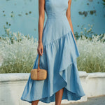Women's Sleeveless Linen And Cotton Ruffle Hem Dress