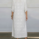 Women's Solid Color Lapel Long-sleeved Casual Loose Cotton Embroidered Dress