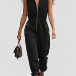 Fashionable And Casual Zippered Sleeveless Cotton Jumpsuit