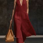 Stylish V-neck Long Shirt And Wide-leg Pant Linen Two-piece Set