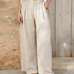 Women's Solid Color High-waisted Pleated Casual Loose Cotton And Linen Wide-leg Pants