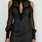 Women's Stand Collar Long Sleeve Chiffon Patchwork Casual Slim Denim Dress