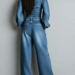 Women's Off-the-shoulder Long-sleeved Casual Loose Denim Top And High-waisted Wide-leg Jeans Set.