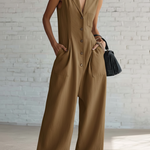 Elegant Lapel Button-up Loose-fitting Linen Jumpsuit