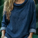 Elegant Draped-collar Denim Cotton Top