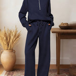 Women's Two-piece Set Half-zip Sweatshirt Wide-leg Pants Casual Suit.