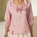 Women's Solid Color Ruffle V-neck 3/4 Sleeve Casual Loose Cotton And Linen Top