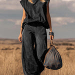 Women's Solid Color Stand-collar Sleeveless Casual Loose Faux Suede Wide-leg Pants Set