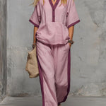 Women's V-neck 3/4 Sleeve Casual Loose Cotton And Linen Top And Elastic Waist Casual Loose Wide-leg Pants Cotton And Linen Set.