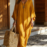 Elegant V-neck Linen-cotton Kaftan Dress