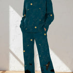 Women's Abstract Pattern Art Print Casual Knitted Cotton Top Pants Suit