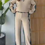 Women's Color-blocked Cardigan Collar Long-sleeved Casual Loose Top And High-waisted Casual Loose Color-blocked Wide-leg Pants S