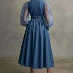 Stylish Denim Dress With Organza Sleeves And Buttons