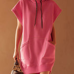 Women's Solid Color Short-sleeved Casual Loose Hooded Sweatshirt Dress