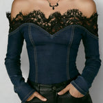 Fashionable Patchwork Lace Denim Top