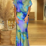 Women's Colorful Tie-patter Pattern Round Neck Short Sleeve Casual Loose Top And High Waist Slim Fit Satin Set