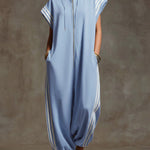 Women's Relaxed Stand-collar Short-sleeved Casual Loose Cotton Wide-leg Jumpsuit
