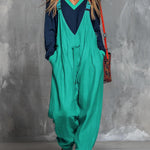 Women's Color-block Patchwork Round Neck Long-sleeved Casual Loose Top And Cotton And Linen Suspender Wide-leg Jumpsuit Set.