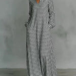 Women's Plaid Print V-neck Long-sleeved Casual Loose Cotton And Linen Dress