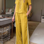 Women's Round Neck Short Sleeve Casual Loose Top High Waist Casual Loose Wide Leg Pants Cotton Linen Set