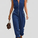 Fashionable And Casual Zippered Sleeveless Cotton Jumpsuit