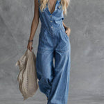 Women's Shirt Collar Sleeveless Casual Loose Denim Wide-leg Jumpsuit