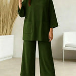 Women's Solid Color High-neck Long-sleeved Casual Loose Top With Elastic Waist And Wide-leg Pants Autumn/winter Set