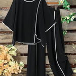 Women's Spring New Arrival Round Neck 3/4 Sleeve Casual Loose Cotton Top And High Waist Casual Loose Wide-leg Cotton Pants Set