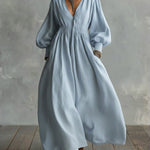 Waist-elastic Linen And Cotton Lantern-sleeved Dress