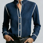 Women's Stand Collar Long Sleeve Casual Loose Denim Shirt