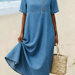 Casual Cozy Round-neck Loose-fitting 100% Cotton Denim Dress