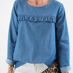 Women's Round Neck Long-sleeved Casual Loose Denim Top