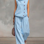 Women's Solid Color Stand-collar Sleeveless Casual Loose Cotton Top And High-waisted Loose Wide-leg Pants Set.