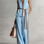 Women's V-neck Sleeveless Casual Loose Cotton Top And High-waisted Casual Loose Wide-leg Cotton Suit