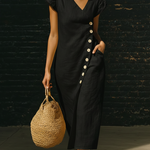Elegant V-neck Button-up Linen Midi Dress