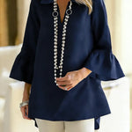 Women's Solid Color V-neck Three-quarter Sleeve Casual Loose Cotton And Linen Top