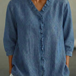 Women's Casual Denim Ruffled V-Neck 3/4 Sleeve Top